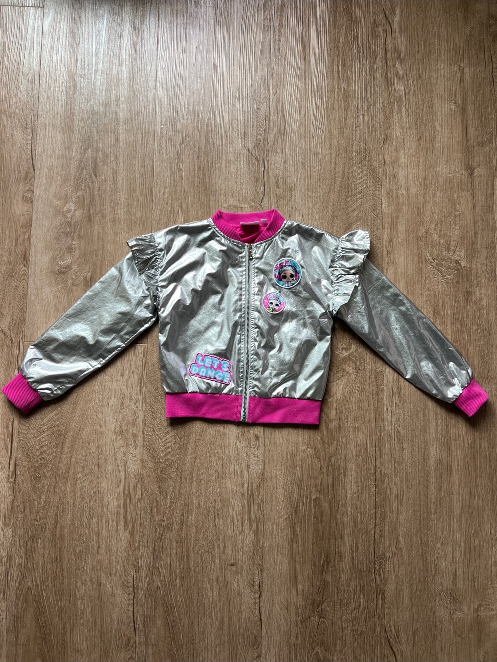 LOL Surpise! Girls Metallic Silver Bomber Jacket with Bright Pink Trim Size 6